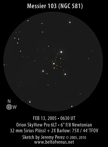 Sketch of Messier 103 (M103 / NGC 581) at 75X