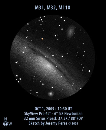 Sketch of Messier 31, Messier 32 and Messier 110 (M31, M32, M110/NGC 205 - Andromeda Galaxy)