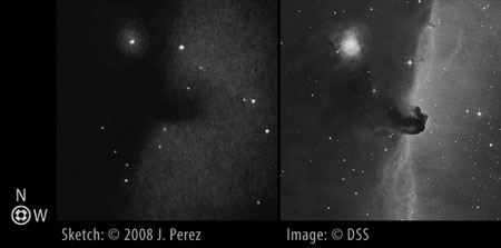 Sketch/DSS Photo Comparison of IC434, Barnard 33/B33, NGC 2023 (Horsehead Nebula Region)