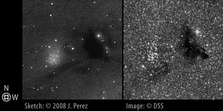 Sketch/DSS Photo Comparison of NGC 6520 and Barnard 86 (B86 - Ink Spot Nebula)