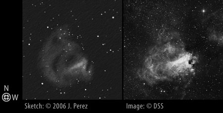 Sketch/DSS Photo Comparison of Messier 17 (M17 - Swan Nebula)