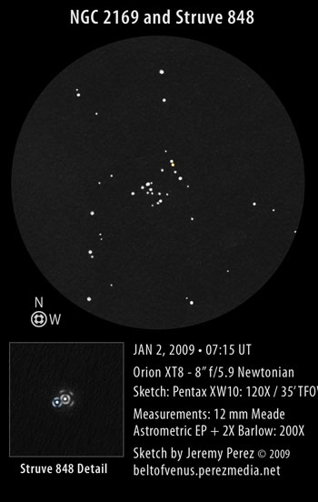 Sketch of NGC 2169 (37 Cluster) and Struve 848 (STF 848)