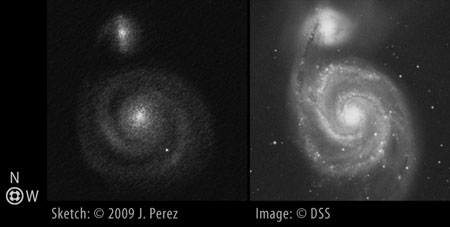 Sketch/DSS Photo Comparison of Messier 51 (M51 / NGC 5195, NGC 5195)