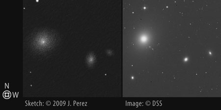 Sketch/DSS Photo Comparison of Messier 87 (M87 / NGC 4486 / Arp 152), NGC 4478, NGC 4476