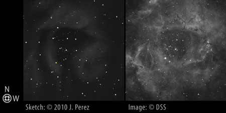 Sketch/DSS photo comparison of NGC 2244 (NGC 2239) and Sh 2-275 (The Rosette Nebula)