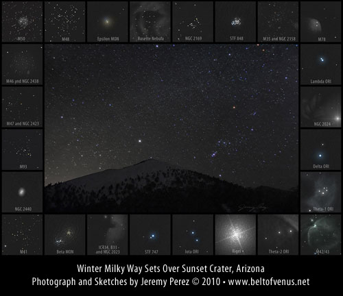 Photograph of Winter Milky Way over Sunset Crater, including sketches of deep sky objects in the area.