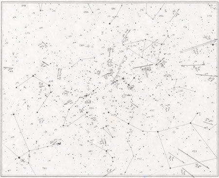 Original Sketch of 2010 Perseids on Gnomonic Atlas Template