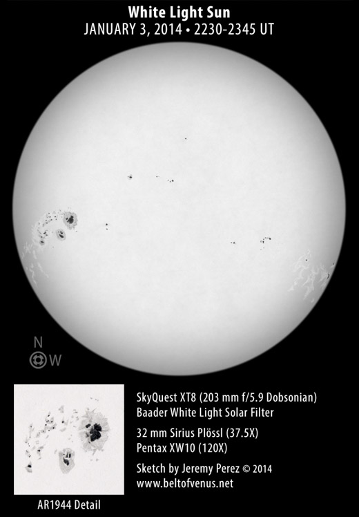 Solar White Light Sketch - January 3, 2014 - 2230-2345 UT