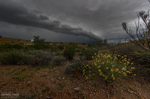 A shelf cloud lines up along Highway 93. View is to the north. 8:45 AM / 1545Z