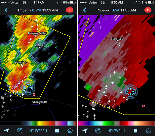 Reflectivity and velocity radar of the Wickenburg supercell. 11:32 AM / 1832Z
