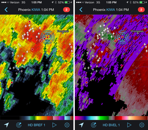 Reflectivity and velocity radar of broad circulation in a passing storm. 1:04 PM / 2004Z