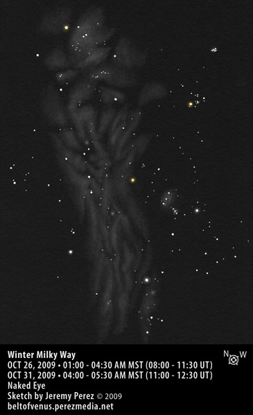 Sketch of the Winter Milky Way (Auriga, Taurus, Gemini, Orion, Canis Minor, Monoceros, Canis Major, Lepus)
