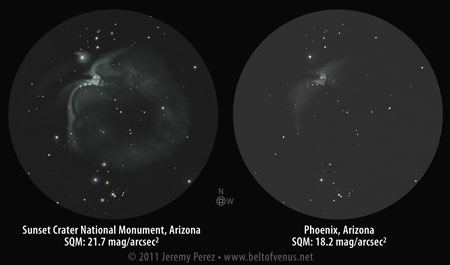 Positive Sketches of Messier 42/43 from dark sky and light polluted sky